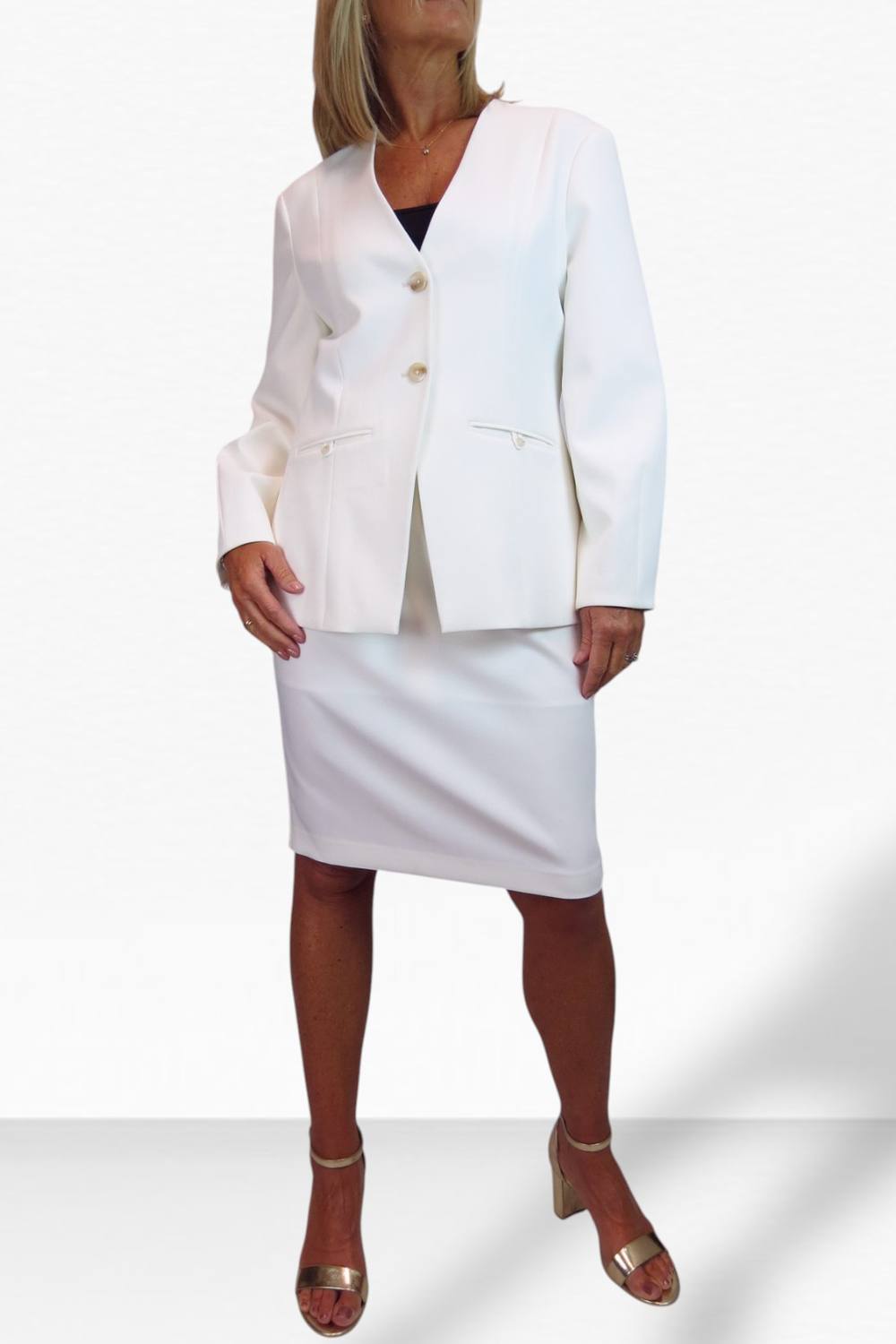 Paulo Due Puff Sleeve Jacket And Below Knee Skirt Suit In Cream Paulo Due Puff Sleeve Jacket And Below Knee Skirt Suit In Cream