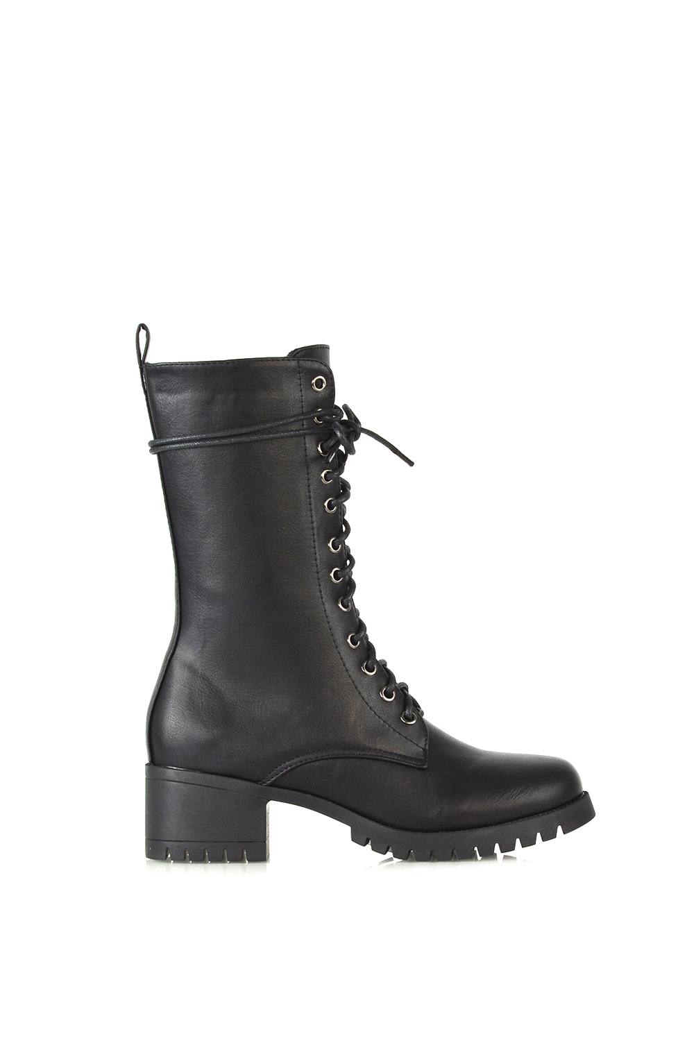 Xy London ‘jennifer’ Mid Block Heel Lace Up Military Biker Ankle Boots In Black