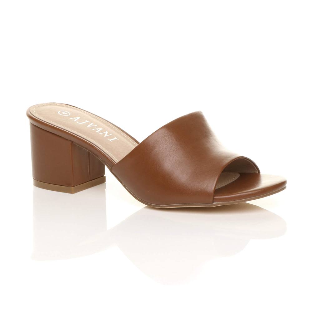 Ajvani Mid Block Heel Peep Toe Mules Faux Leather Heeled Sandals In Tan