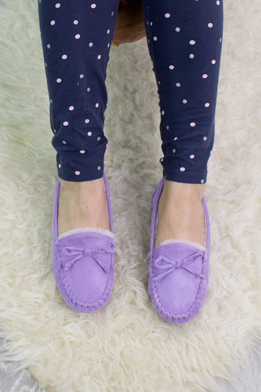 Ajvani Heel Faux Fur Lined Boat Shoes Moccasin Slippers In Lilac Ajvani Heel Faux Fur Lined Boat Shoes Moccasin Slippers In Lilac