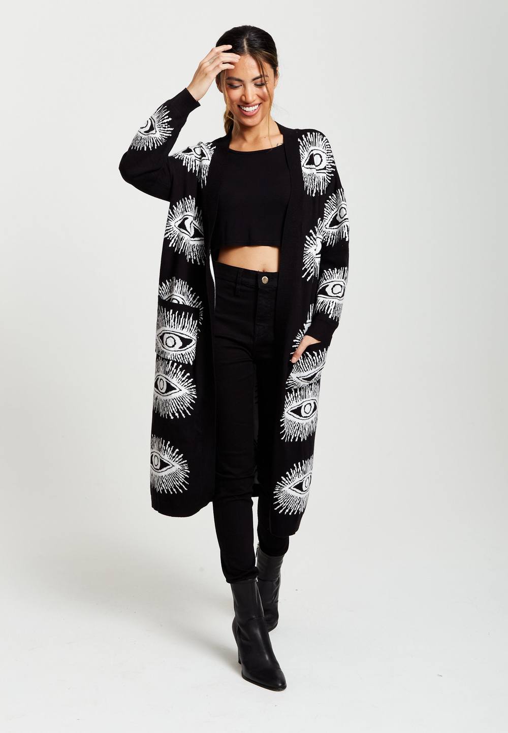 Liquorish Eye Pattern Longline Cardigan In Black Liquorish Eye Pattern Longline Cardigan In Black