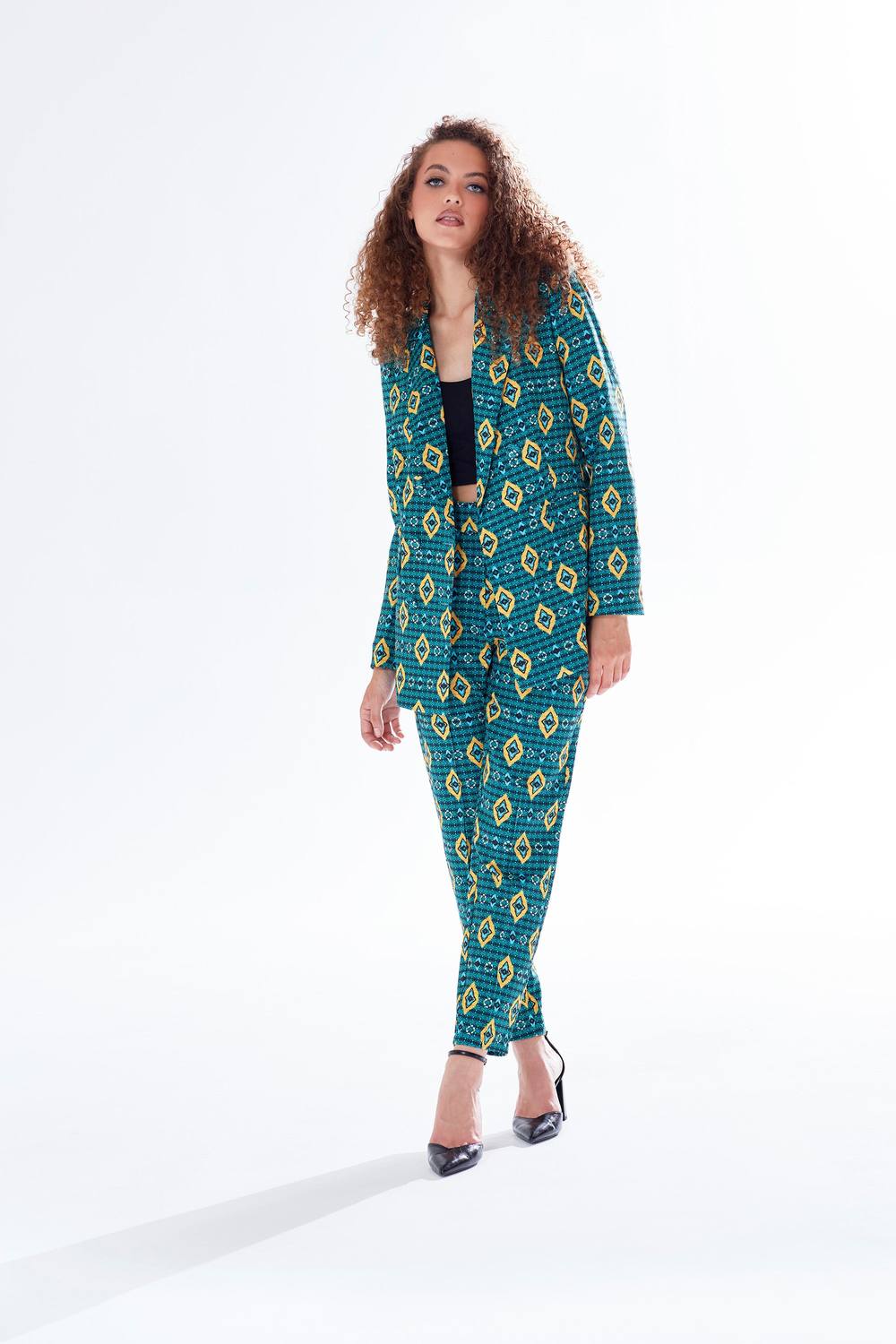 Liquorish African Print Blazer In Green