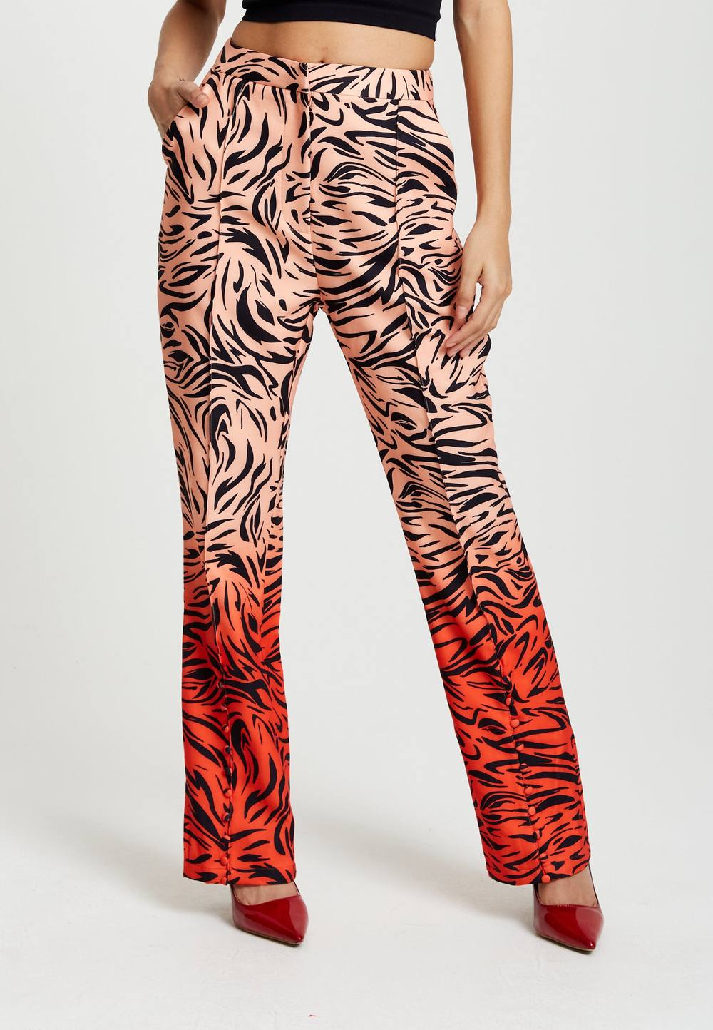 Liquorish Zebra Print Suit Trousers With Slit Detail In Orange And Nude In Red