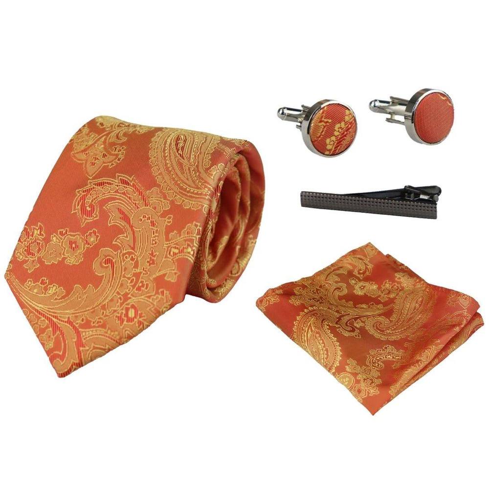 Paul Andrew Paisley Neck Tie Pocket Square Cuff Links In Orange Paul Andrew Paisley Neck Tie Pocket Square Cuff Links In Orange