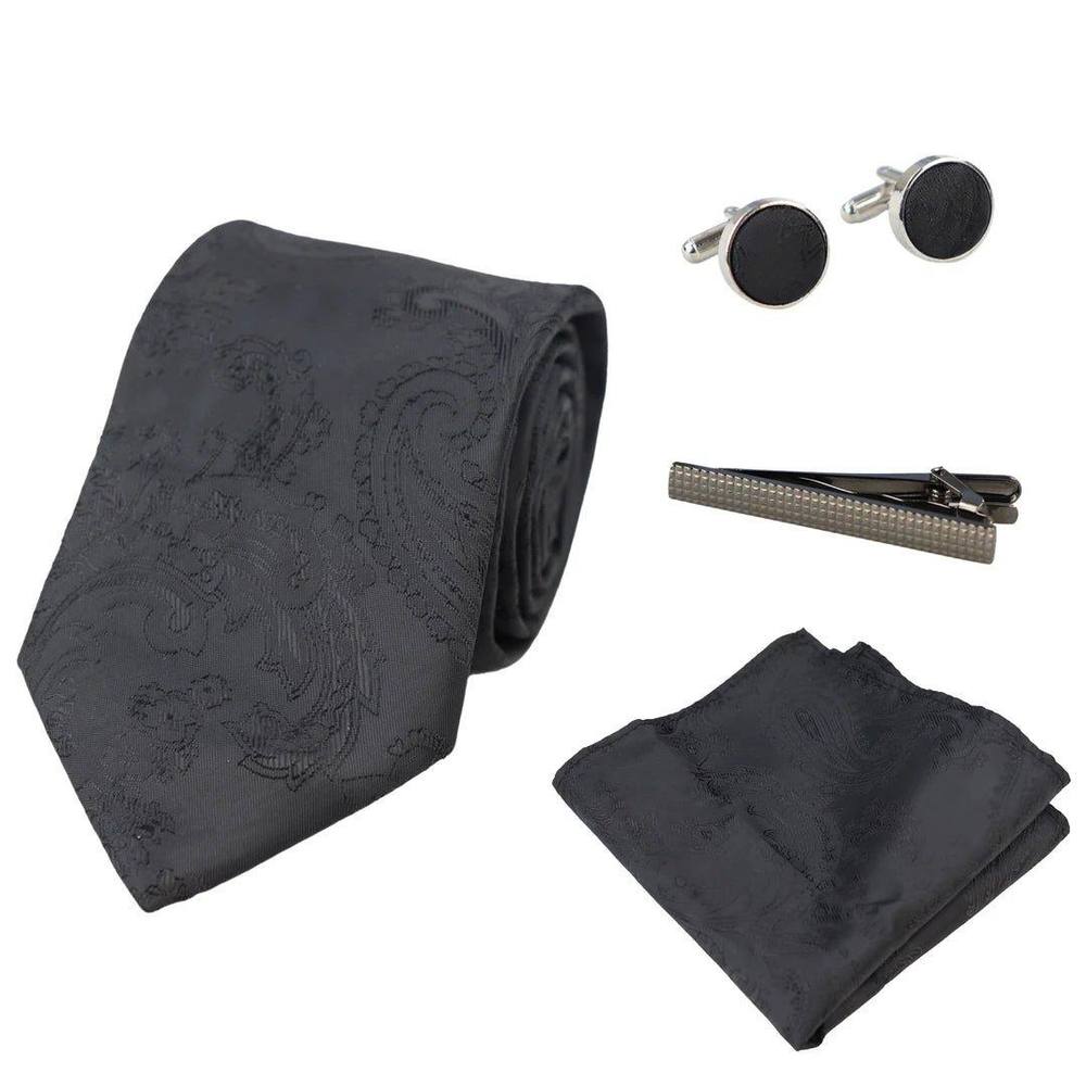 Paul Andrew Unisex Paisley Neck Tie Pocket Square Cuff Links in Black