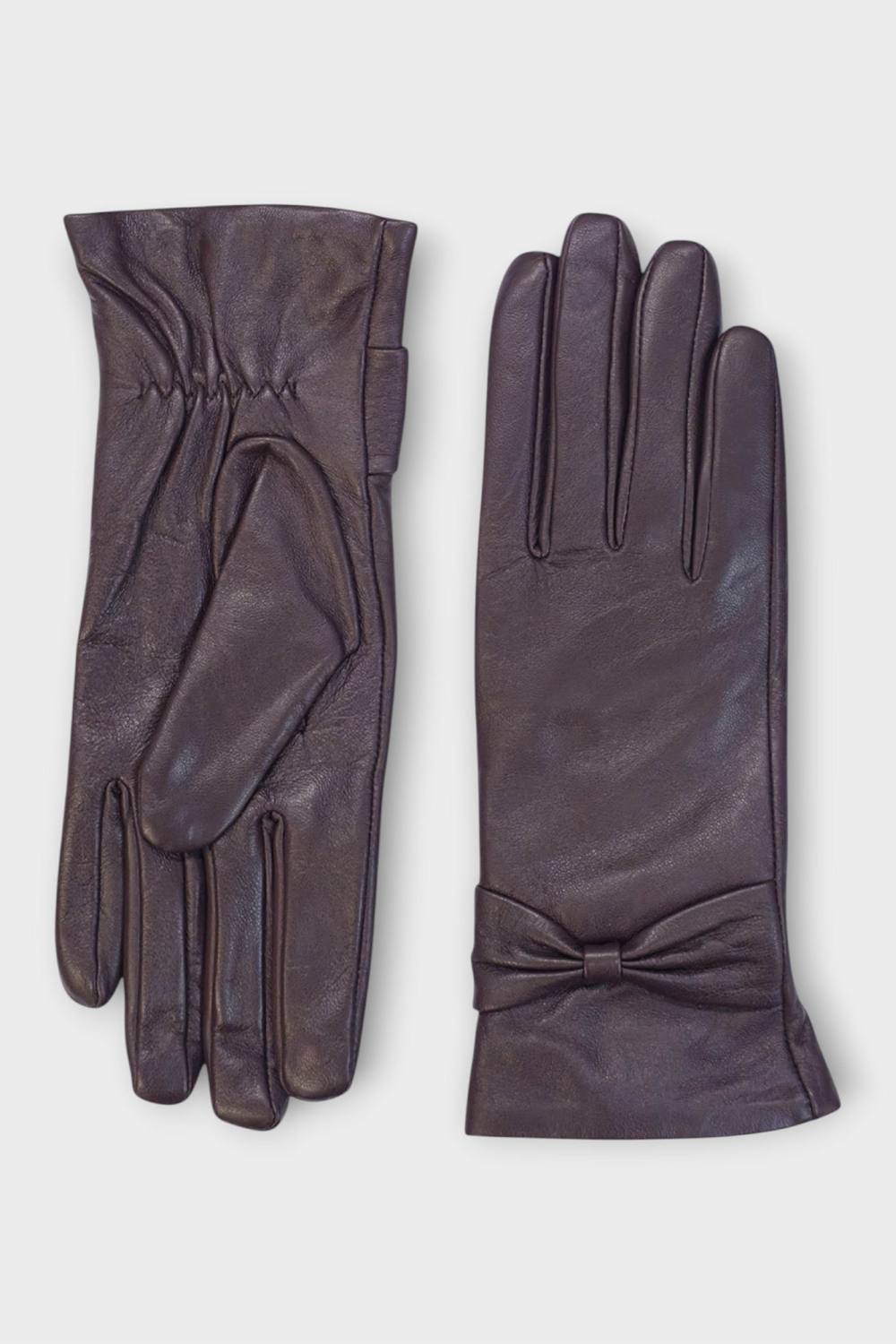 Infinity Leather Italian Leather Bow Design Soft Wool Lining Winter Gloves In Purple