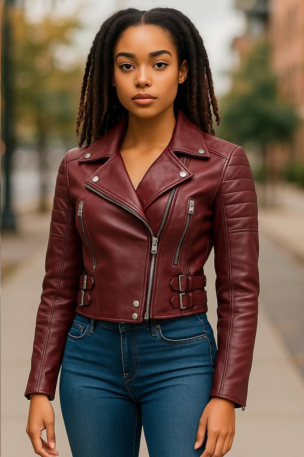 Infinity Leather Cropped Brando Leather Biker Jacket-Durban In Burgundy