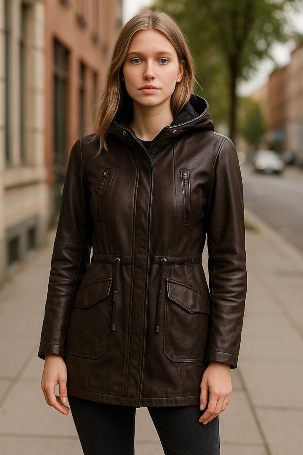 Infinity Leather Leather Hooded Parka Jacket-Clare In Brown