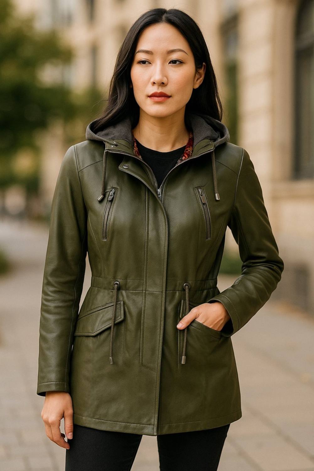 Infinity Leather Leather Hooded Parka Jacket-Clare In Green Infinity Leather Leather Hooded Parka Jacket-Clare In Green