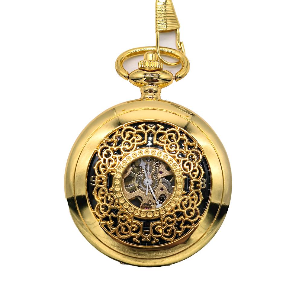 Infinity Leather Antique Brass Alloy Skeleton Half Hunter Pocket Watch In Gold