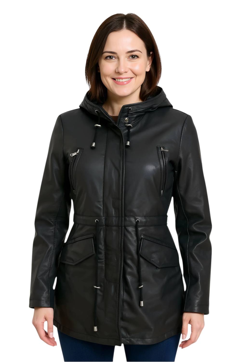 Infinity Leather Leather Hooded Parka Jacket-Cairns In Jet Black Infinity Leather Leather Hooded Parka Jacket-Cairns In Jet Black