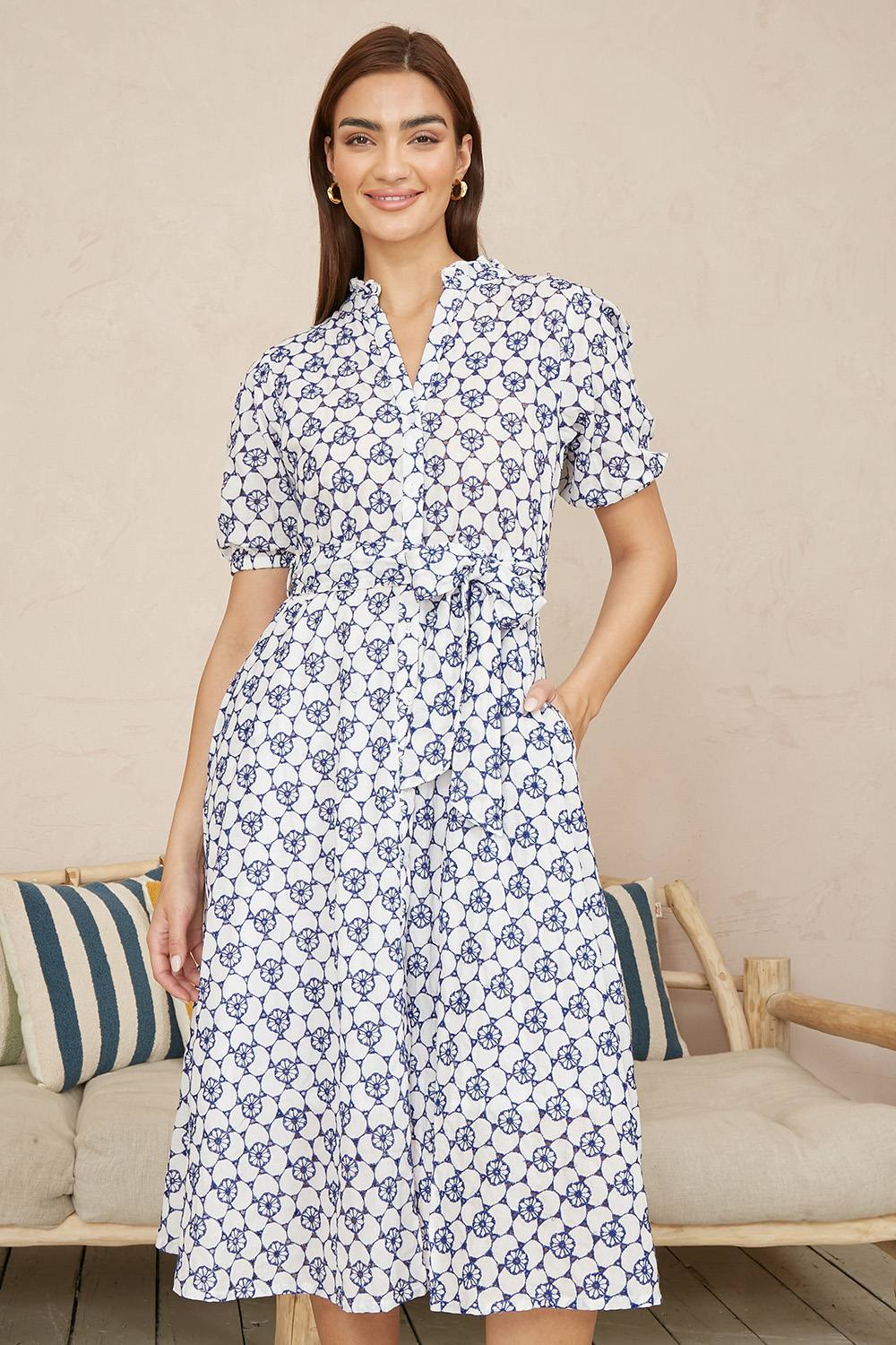 Yumi White And Blue Cotton Broderie Anglaise Midi Shirt Dress Yumi White And Blue Cotton Broderie Anglaise Midi Shirt Dress