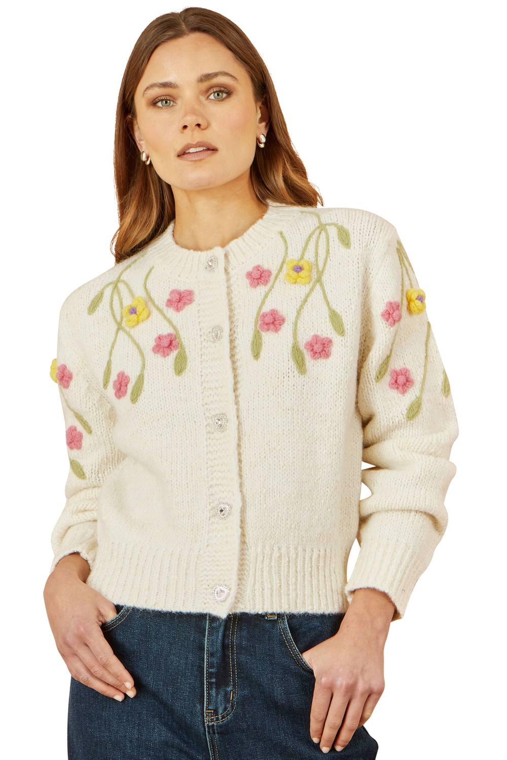 Yumi Beige Flower Embroidered Chunky Knit Cardigan In Ivory Yumi Beige Flower Embroidered Chunky Knit Cardigan In Ivory