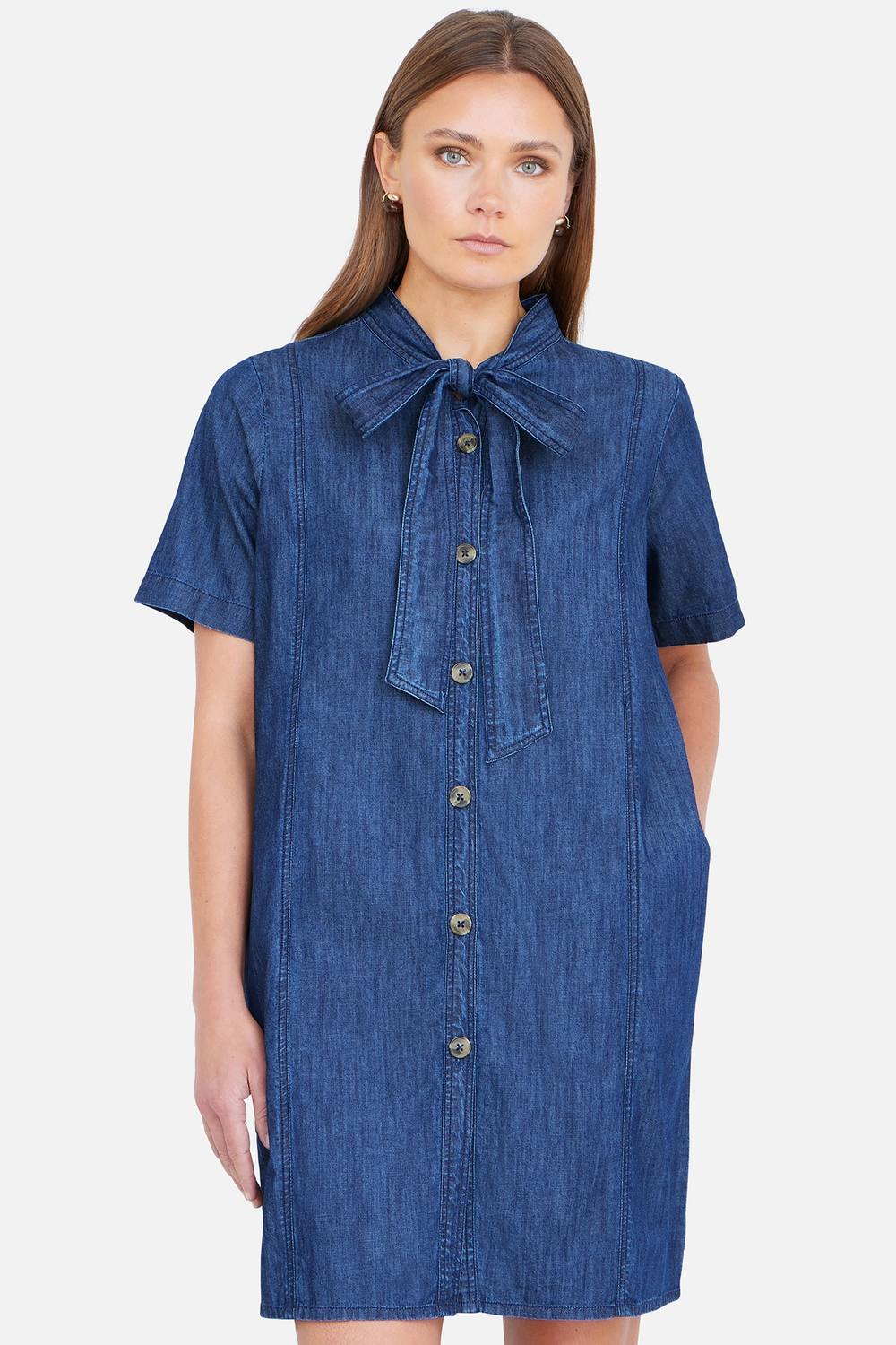 Yumi Blue Chambray Tunic With Pussy Bow Tie In Indigo Yumi Blue Chambray Tunic With Pussy Bow Tie In Indigo