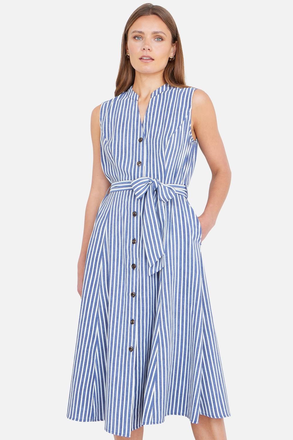 Yumi Stripe Midi Sleeveless Shirt Dress In Mid Navy Yumi Stripe Midi Sleeveless Shirt Dress In Mid Navy