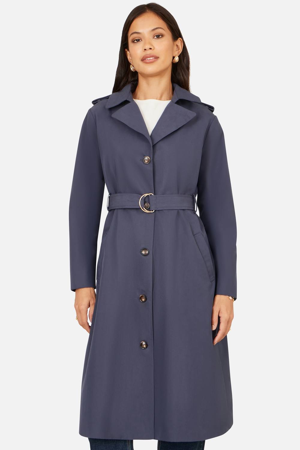Yumi Navy Belted Long Trench Coat With Belt In Mid Navy