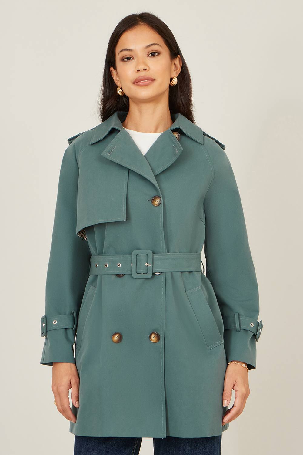 Yumi Teal Belted Trench Coat With Check Lining Yumi Teal Belted Trench Coat With Check Lining