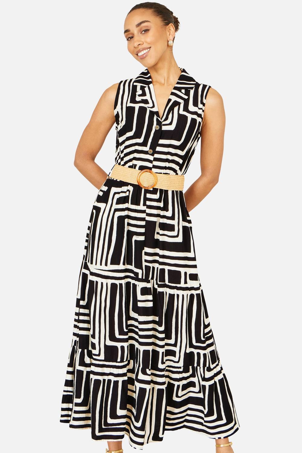 Yumi Viscose Geo Print Midi Shirt Dress With Matching Belt In Black Yumi Viscose Geo Print Midi Shirt Dress With Matching Belt In Black