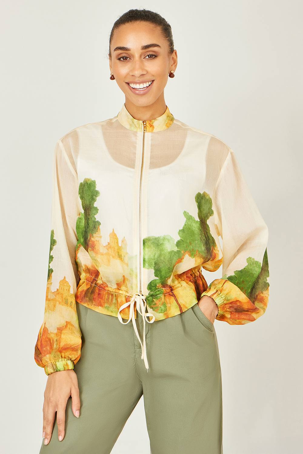 Yumi Beige Printed Lightweight Modal Bomber Jacket Yumi Beige Printed Lightweight Modal Bomber Jacket