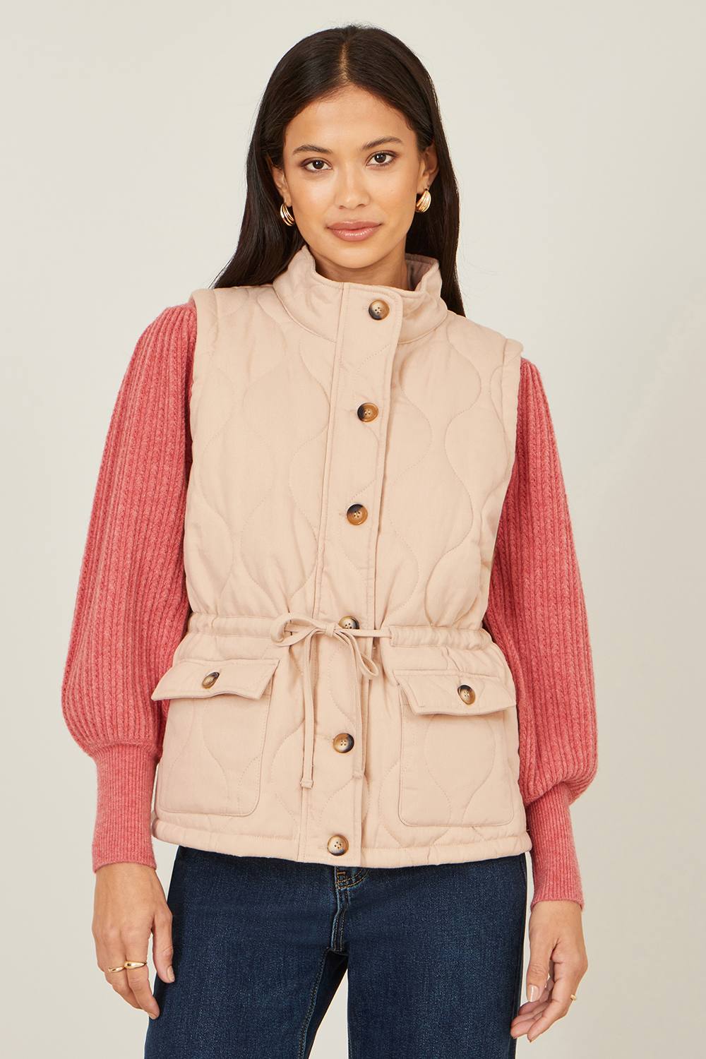 Yumi Beige Quilted Utility Gilet In Taupe