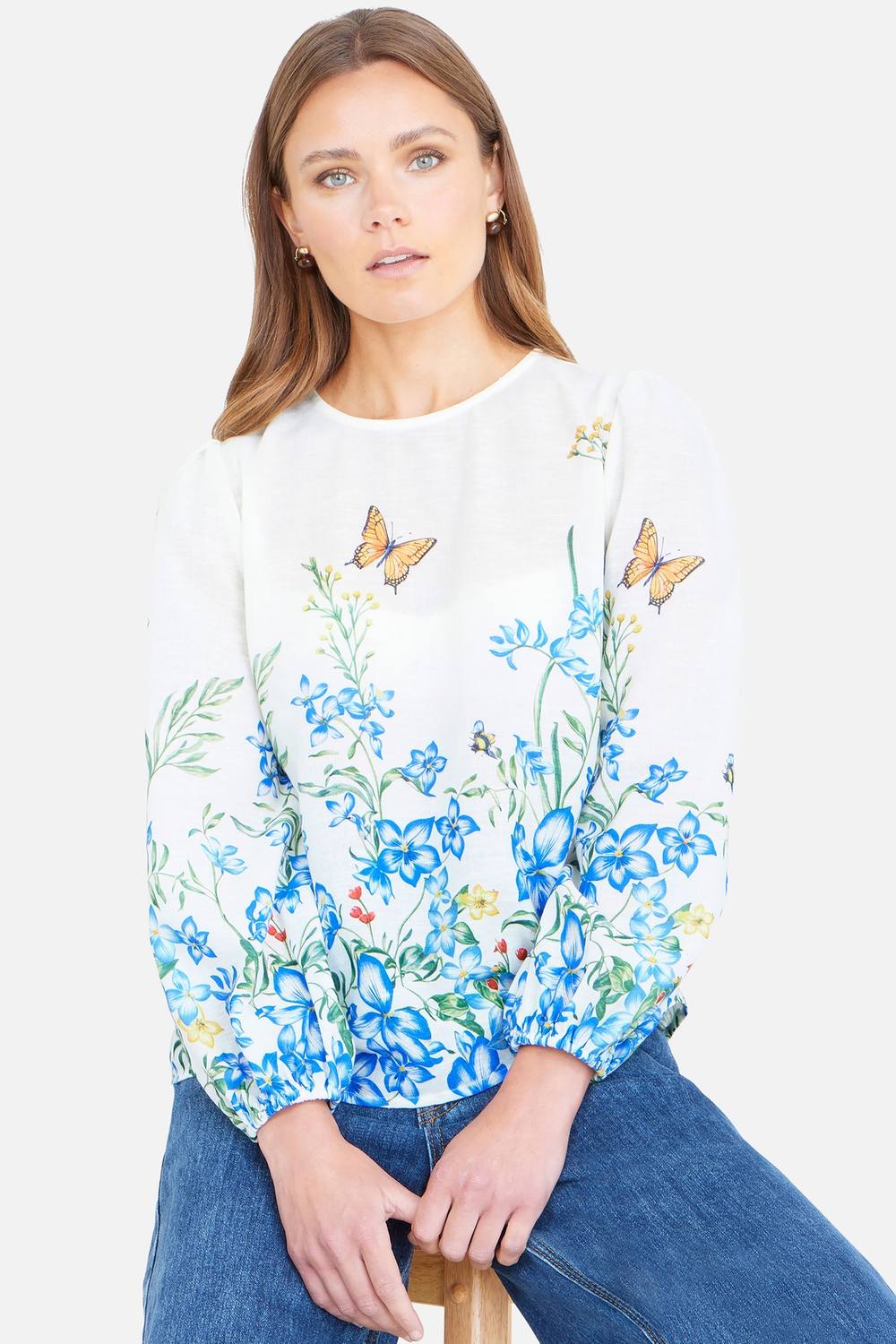 Yumi Ivory Butterfly Print Long Sleeve Top In White