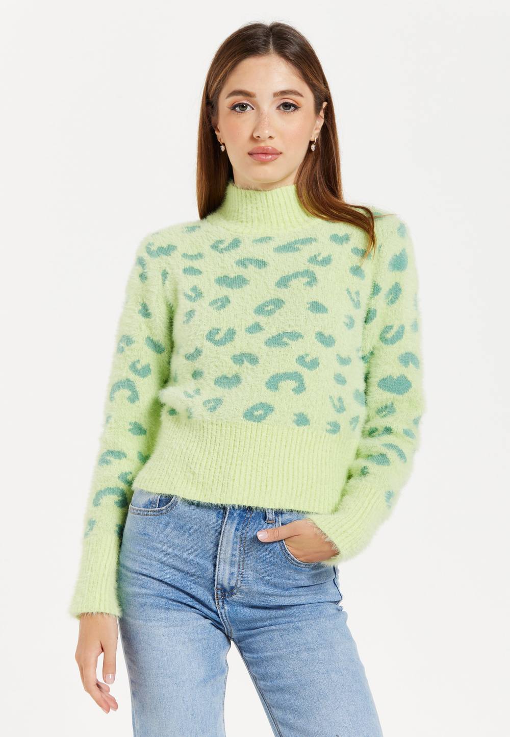 Liquorish Fluffy Animal High Neck Jumper In Green