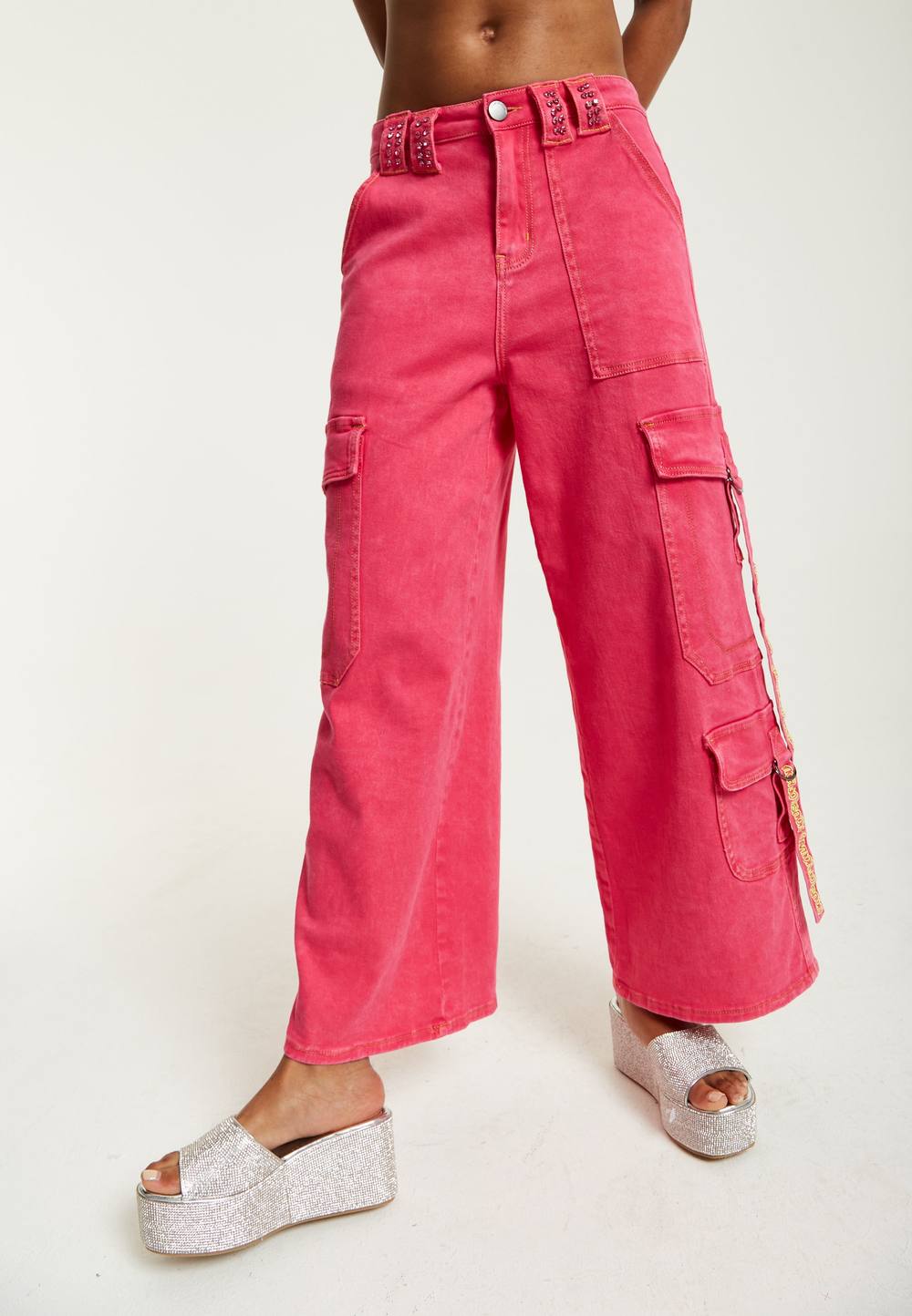 House Of Holland Hot Pink Denim Wide Leg Cargo Trousers House Of Holland Hot Pink Denim Wide Leg Cargo Trousers