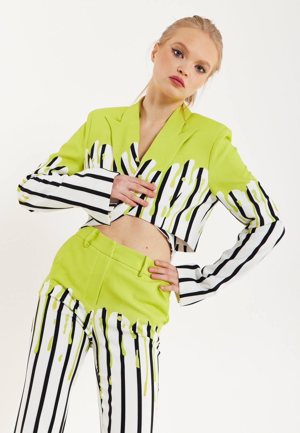 House Of Holland Stripe Monochrome Acid Green Splash Crop Blazer With Belt House Of Holland Stripe Monochrome Acid Green Splash Crop Blazer With Belt