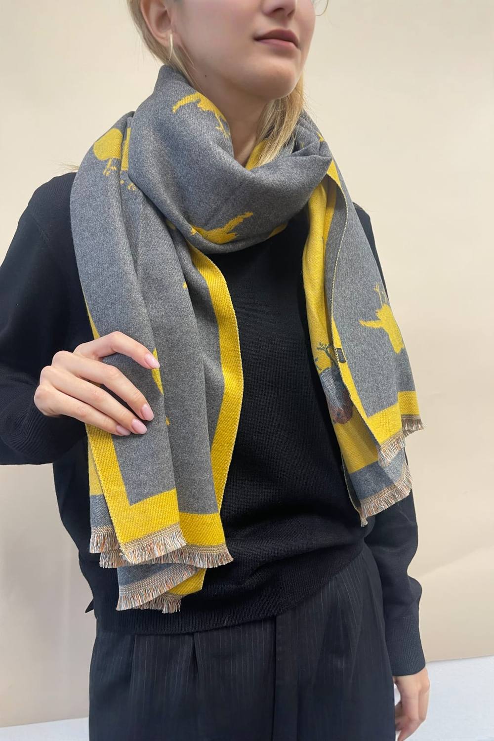 Svnx Robin Embroidered Reversible Scarf In Mustard