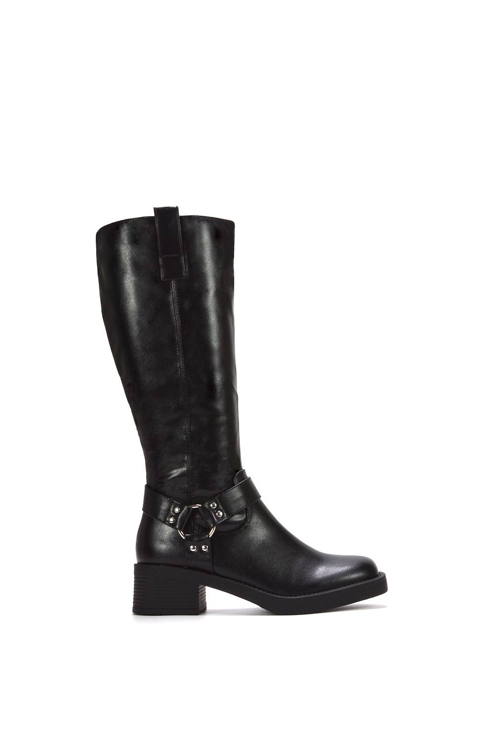 Xy London ‘roma’ Knee High Biker Mid Block Heel Western Boots In Black