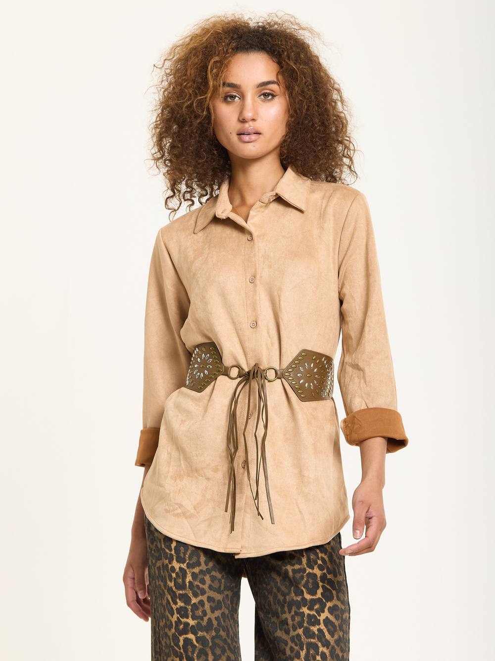 House Of Holland Camel Faux Suede Shirt With Belt