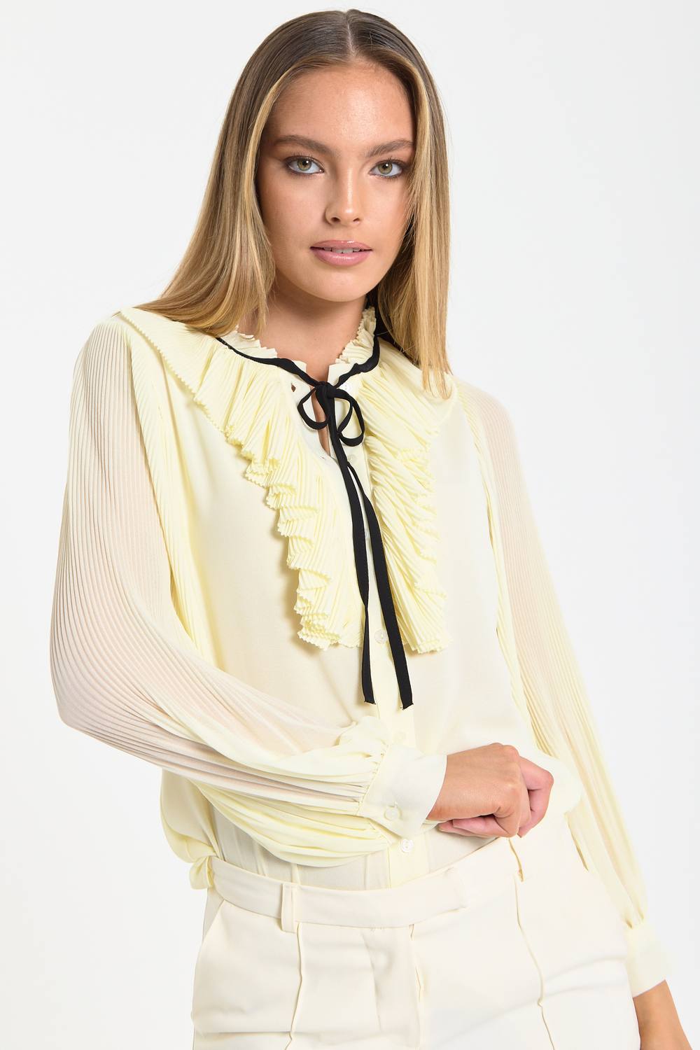 Liquorish Yellow Tie Neck Pleated Sleeve Frill Blouse
