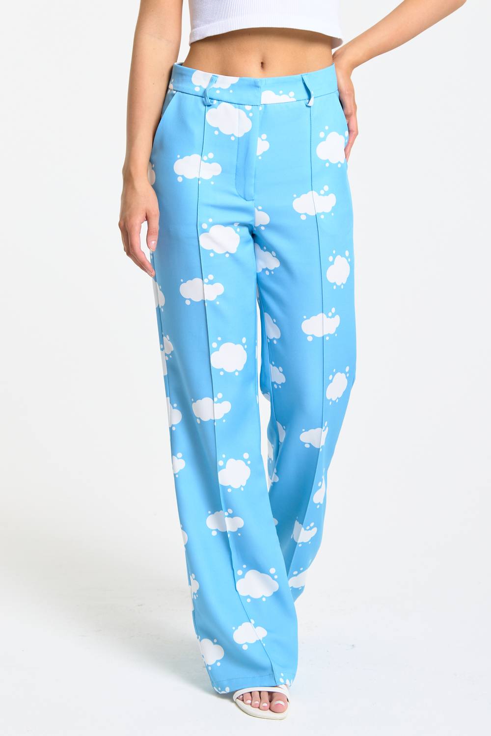 Liquorish Blue Cloud Print Wide Leg Trousers