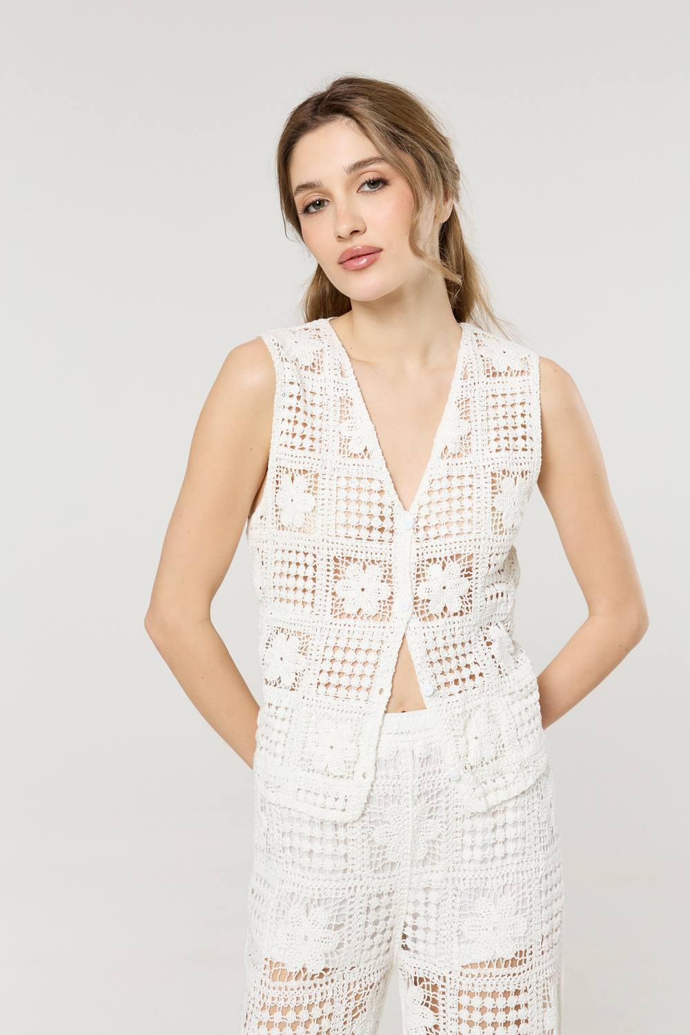 Liquorish Cream Crochet Knit Button Front Vest Top