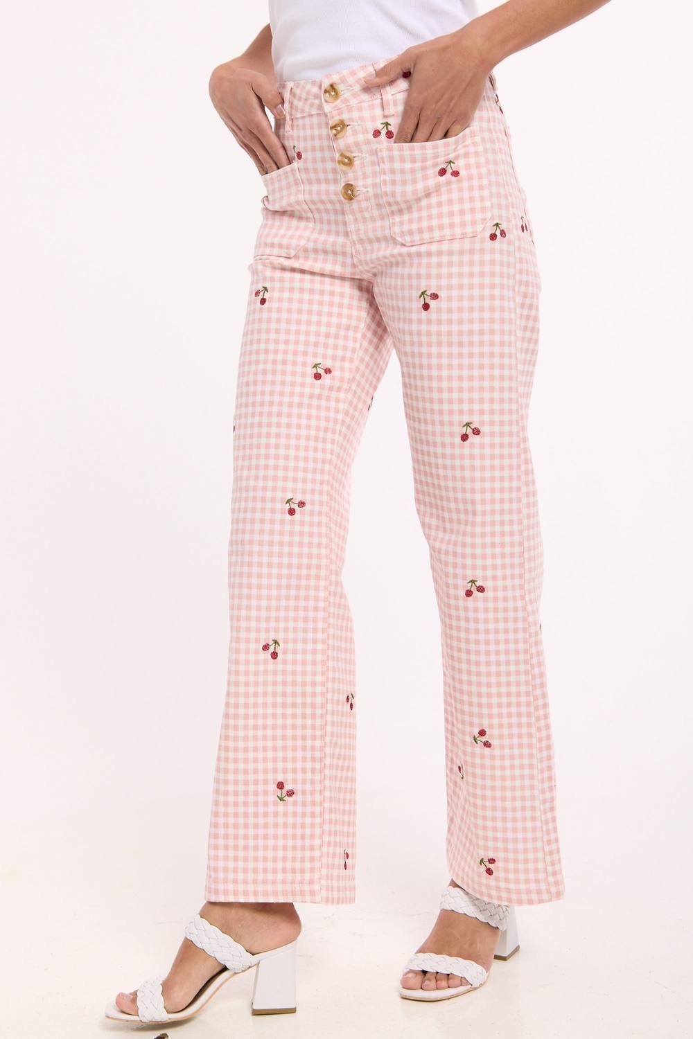 House Of Holland Pink Gingham Cherry Straight Leg Trousers House Of Holland Pink Gingham Cherry Straight Leg Trousers