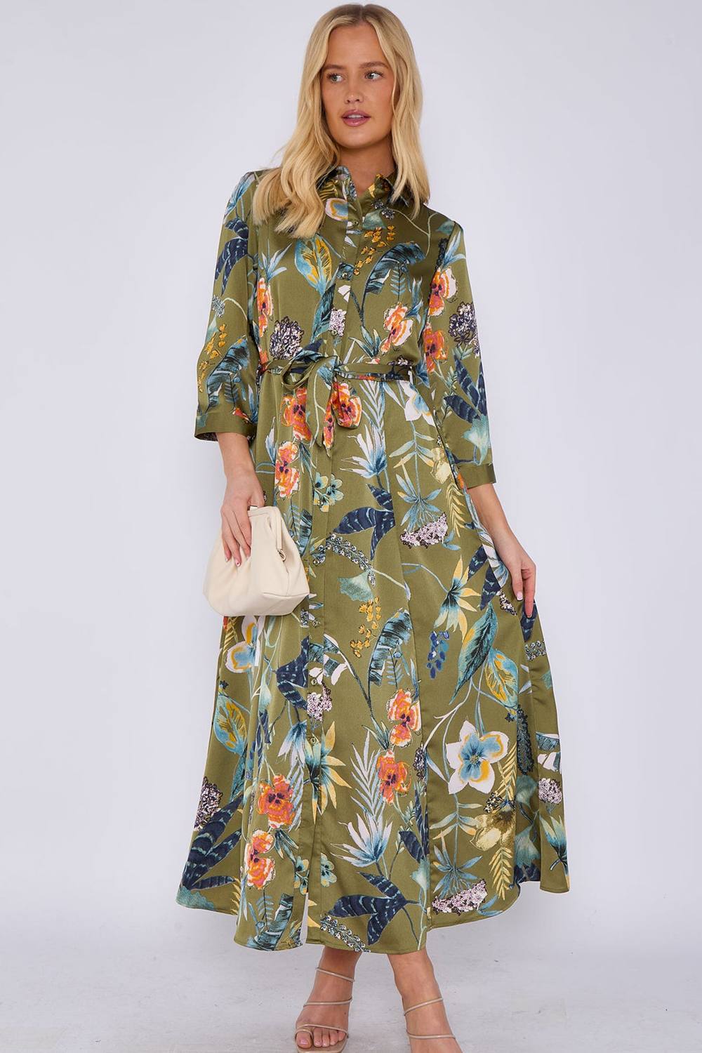Love Sunshine Botanical Print Satin Maxi Shirt Dress In Green