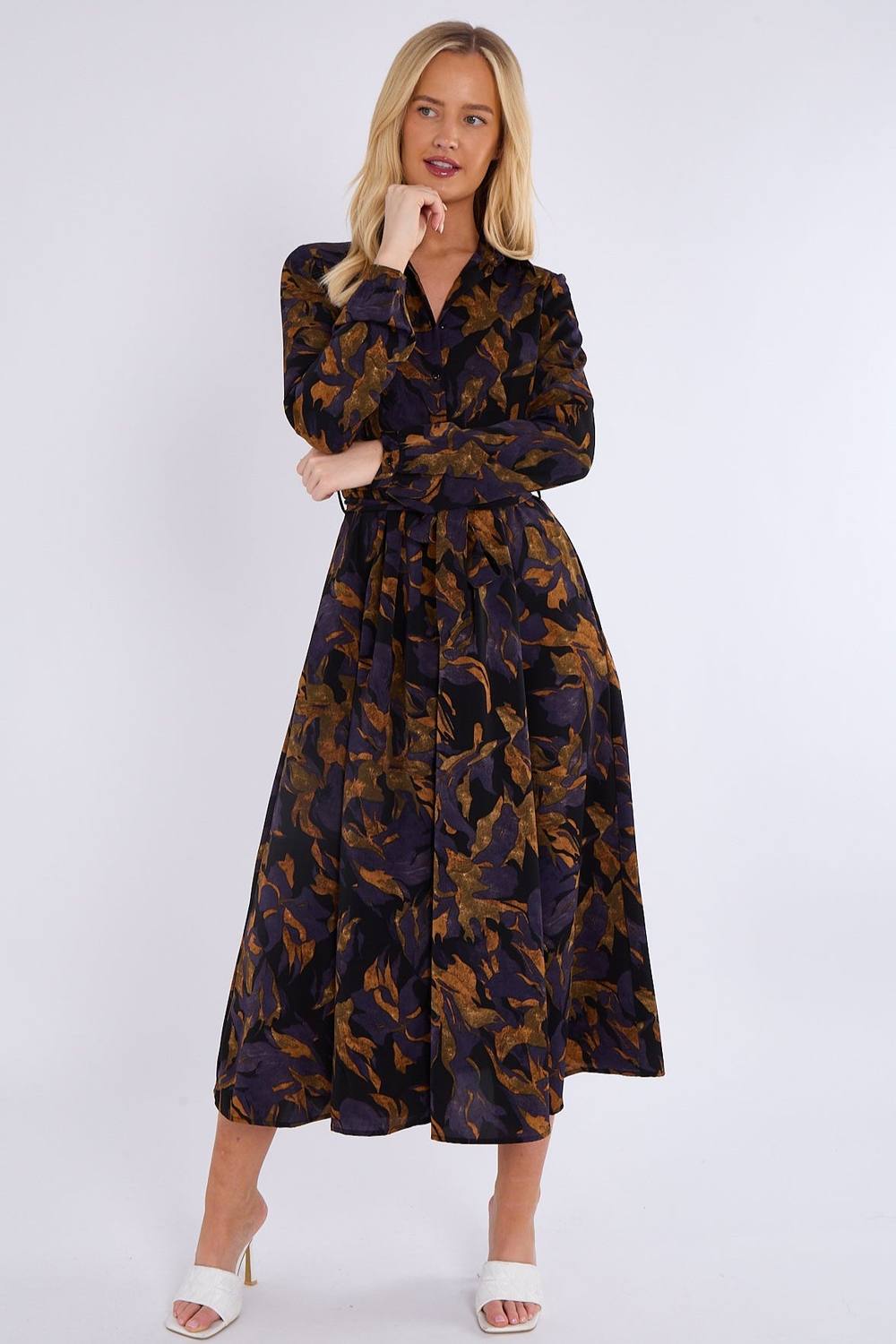 Love Sunshine Purple Bronze Abstract Print Midaxi Shirt Dress In Black Love Sunshine Purple Bronze Abstract Print Midaxi Shirt Dress In Black