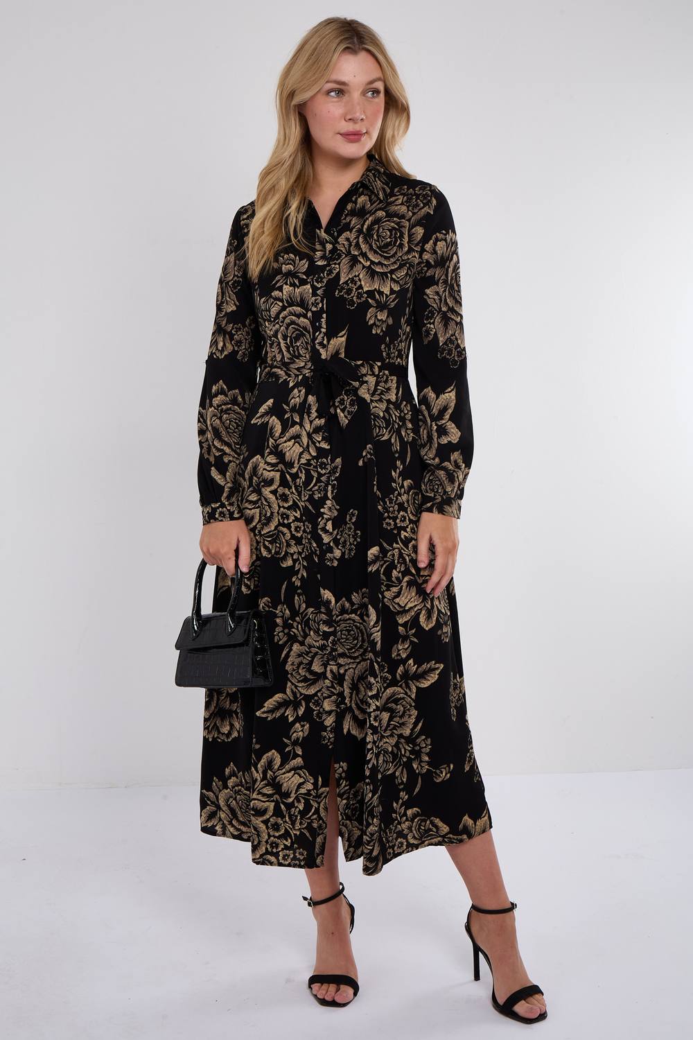 Love Sunshine Black And Gold Vintage Rose Print Maxi Shirt Dress
