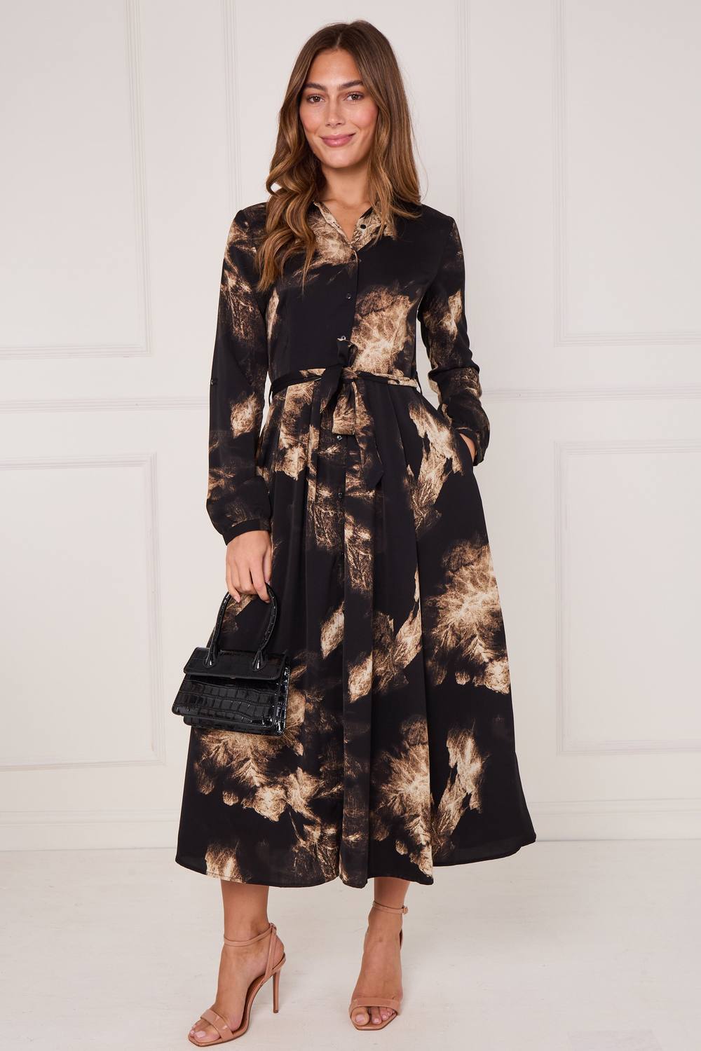 Love Sunshine Black And Gold Tie Dye Print Maxi Shirt Dress Love Sunshine Black And Gold Tie Dye Print Maxi Shirt Dress