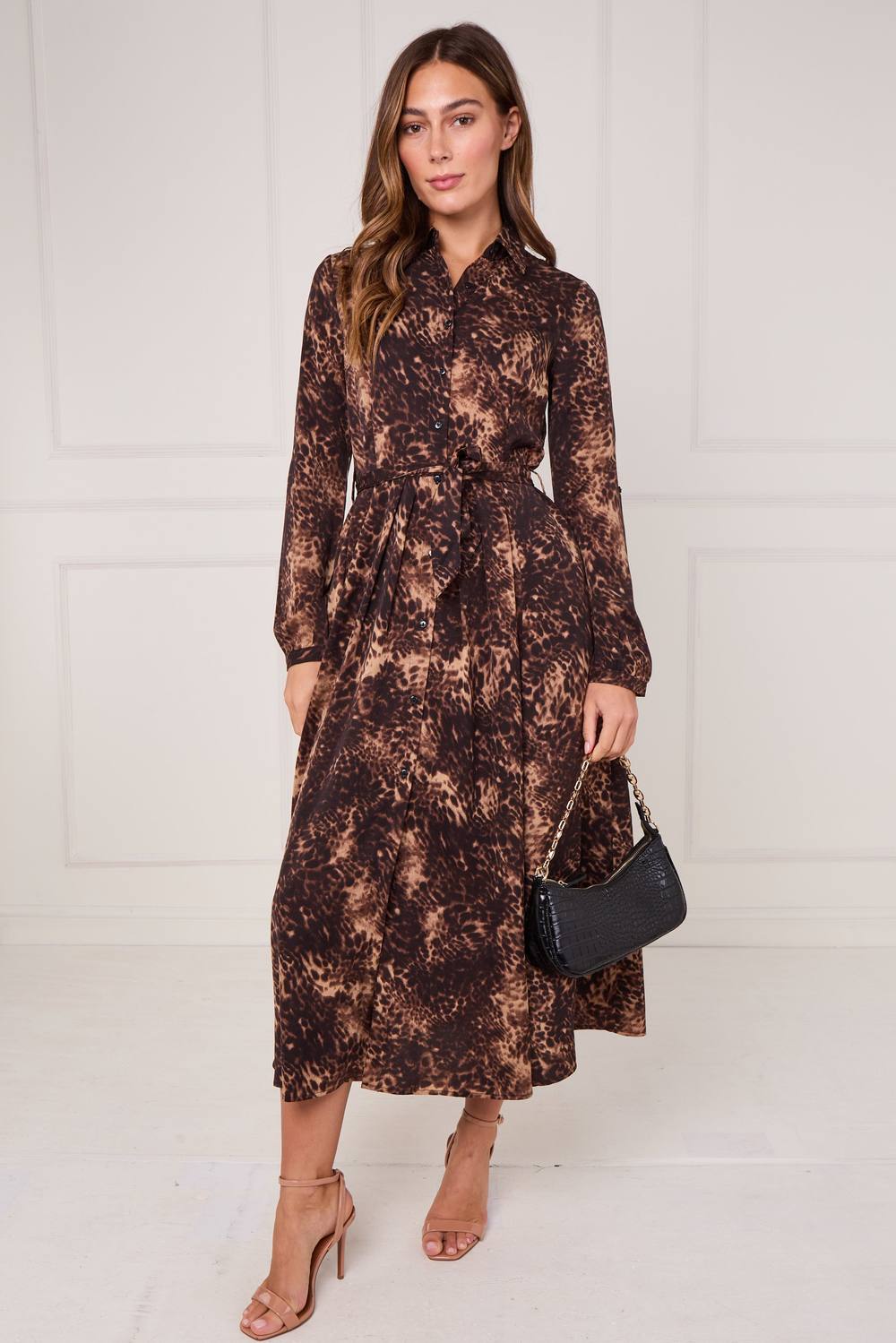Love Sunshine Brown Leopard Print Midaxi Shirt Dress