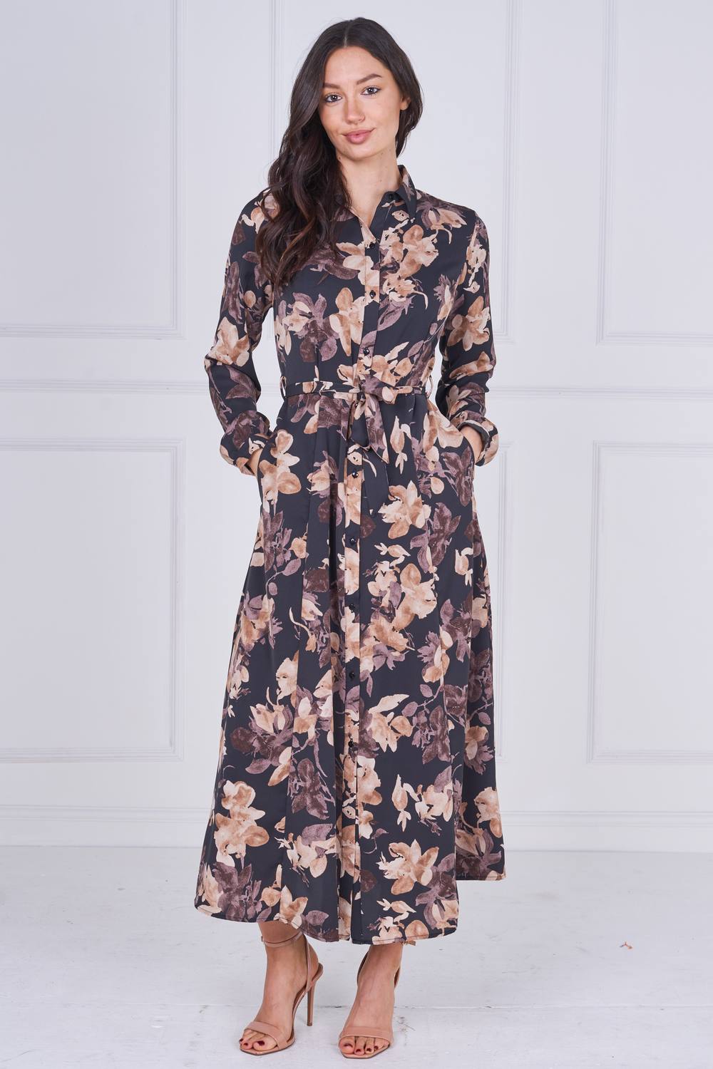 Love Sunshine Charcoal And Mocha Floral Belted Midaxi Shirt Dress