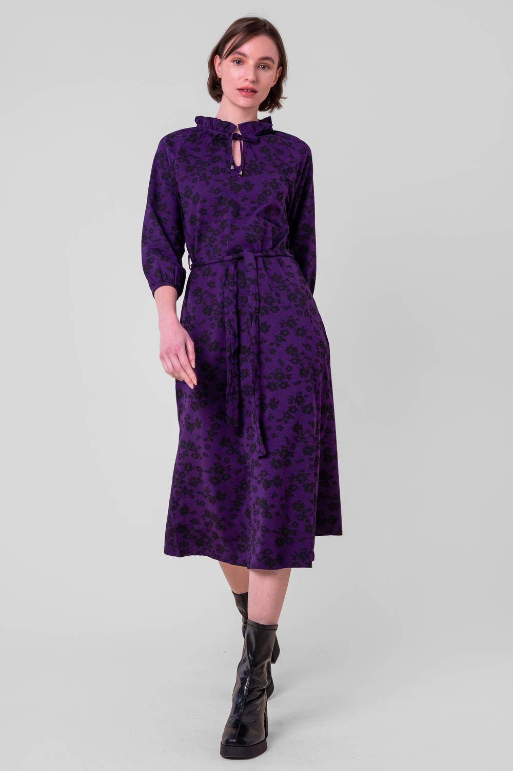 Enorsia Tie Frill Neck Printed Midi Dress In Purple Enorsia Tie Frill Neck Printed Midi Dress In Purple