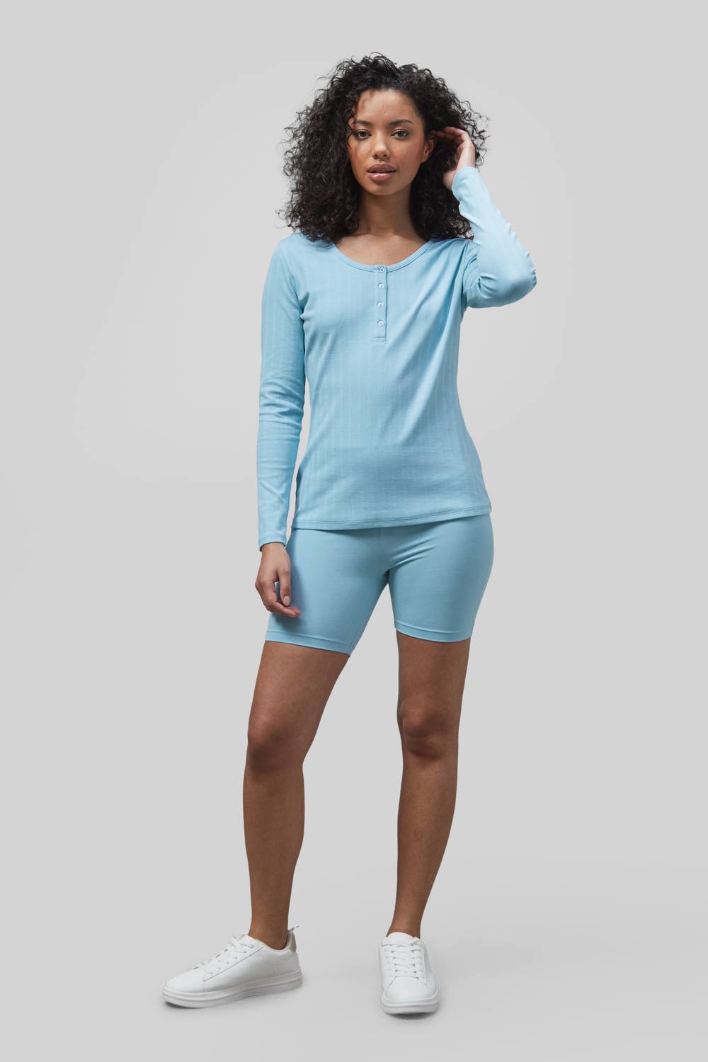 Enorsia Henley Long Sleeve Tee & Shorts Rib Jersey Co-Ords In Blue