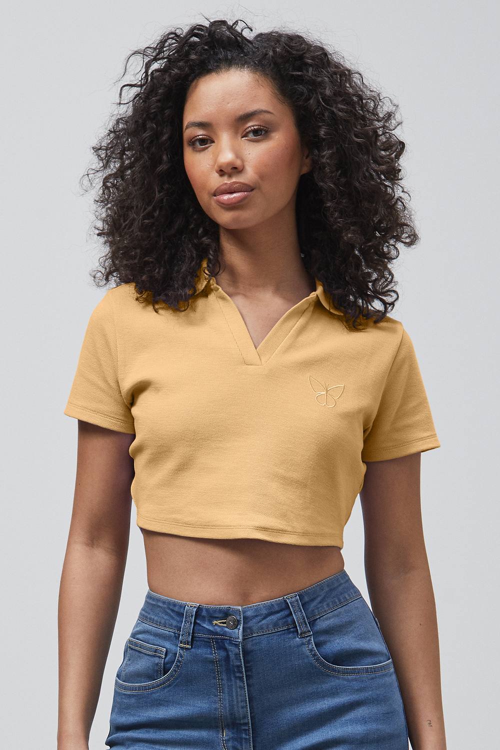 Enorsia Waffle V-Neck Crop Polo Shirt In Yellow