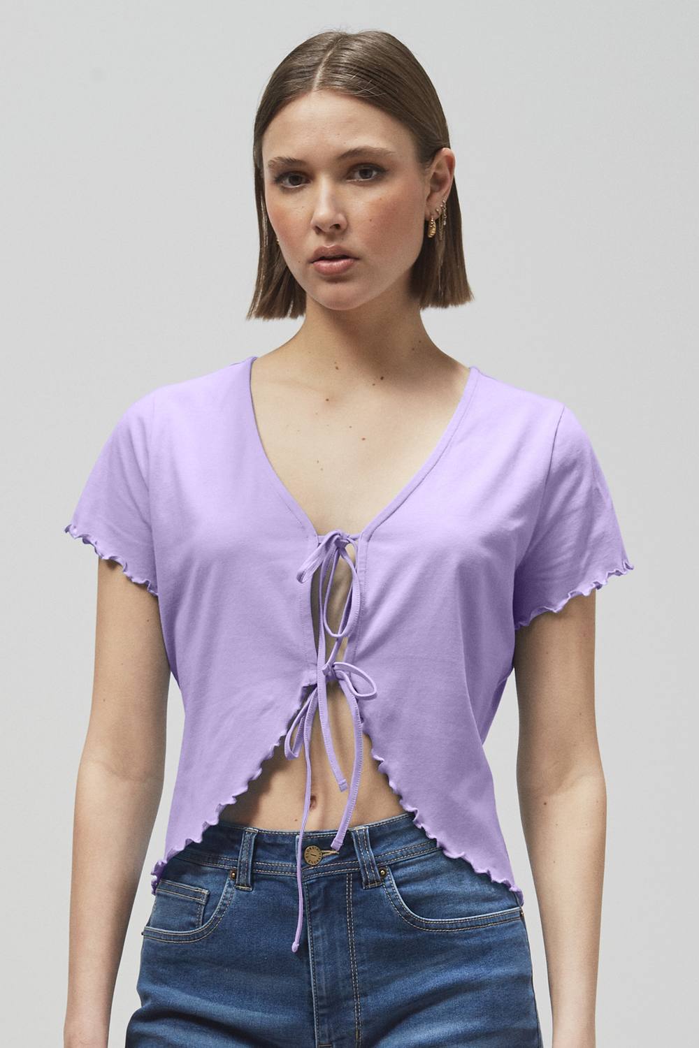 Enorsia Lettuce Hem Tie Front Shirt In Purple