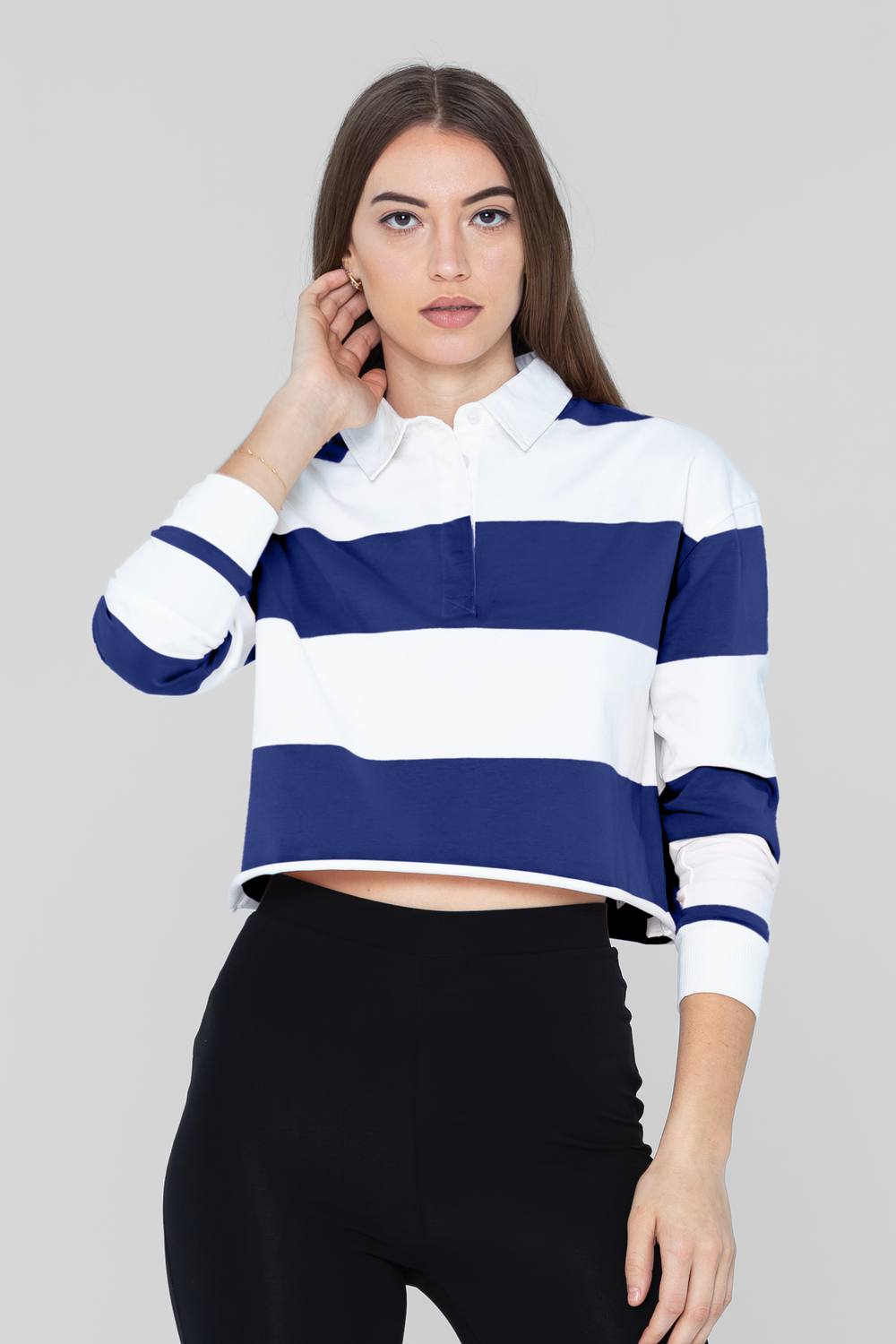 Enorsia Combed Cotton Yd Oversized Cropped Long Sleeve Polo Shirt In Blue