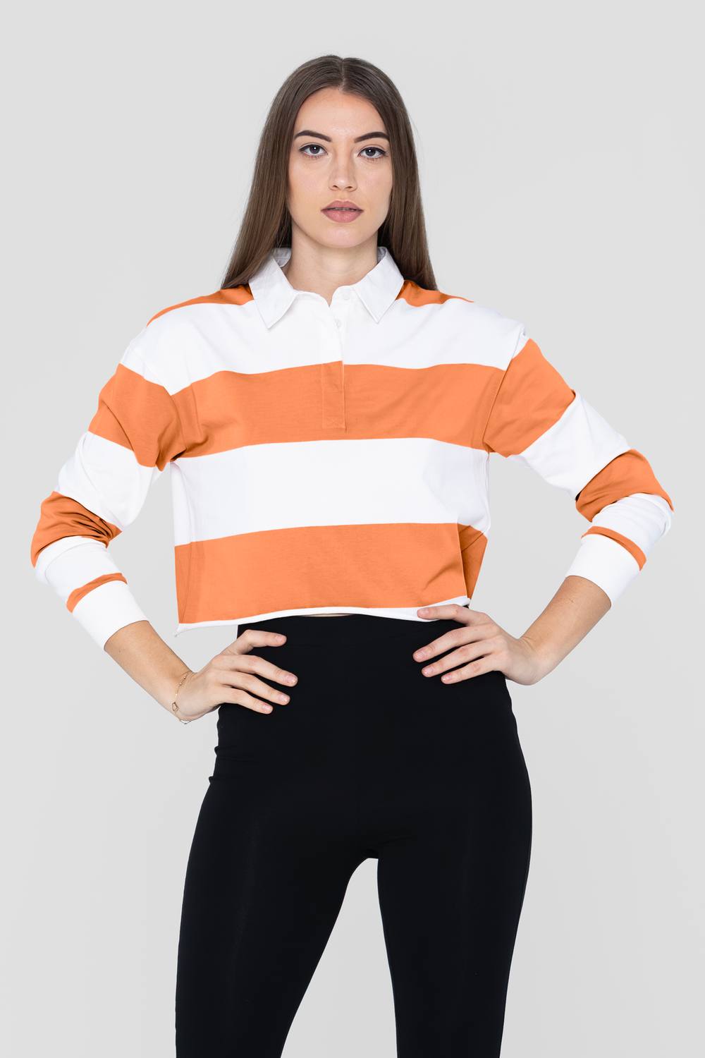 Enorsia Combed Cotton Yd Oversized Cropped Long Sleeve Polo Shirt In Orange