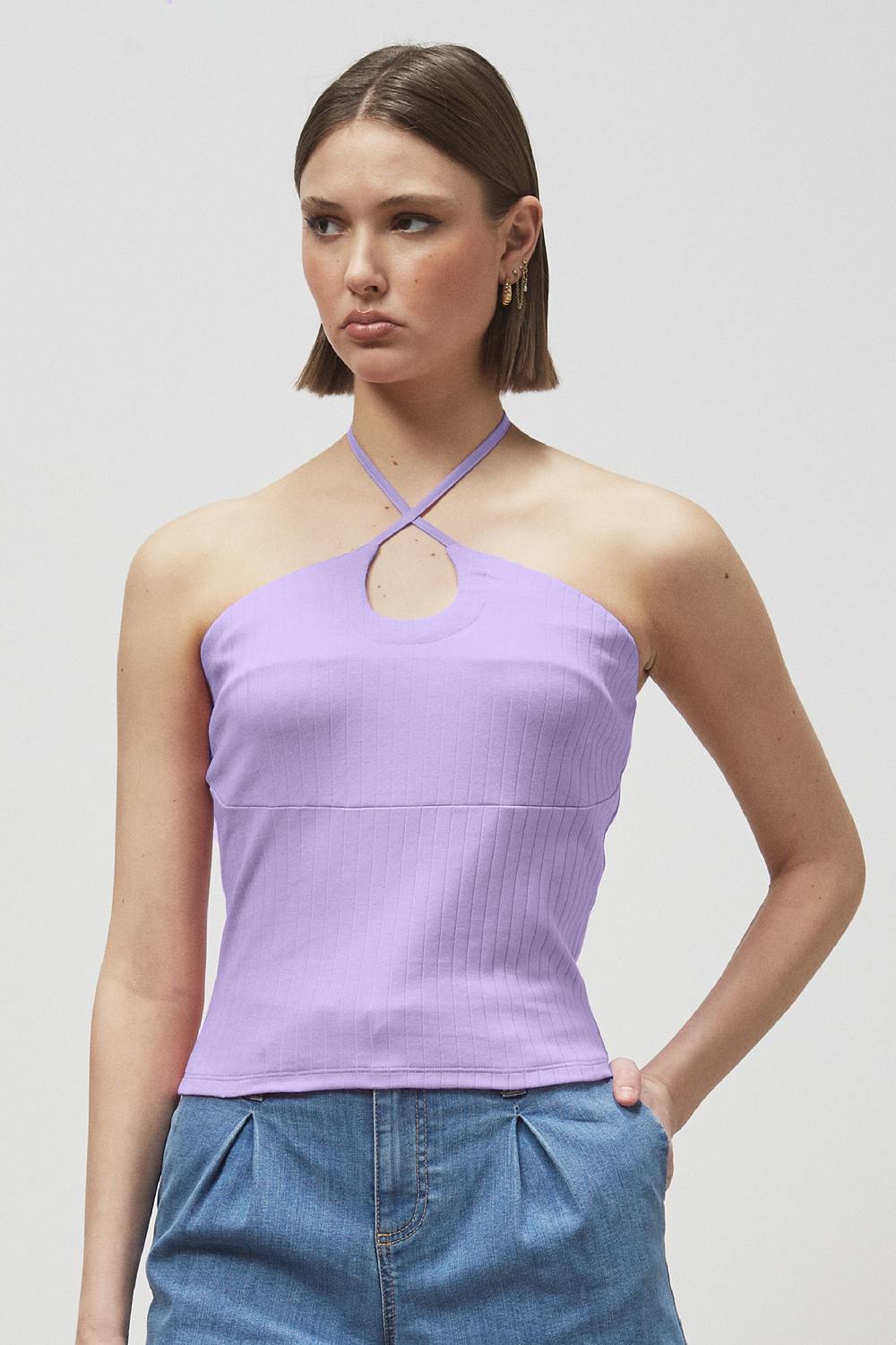 Enorsia Halter Neck Ribbed Cami Vest Top In Purple Enorsia Halter Neck Ribbed Cami Vest Top In Purple