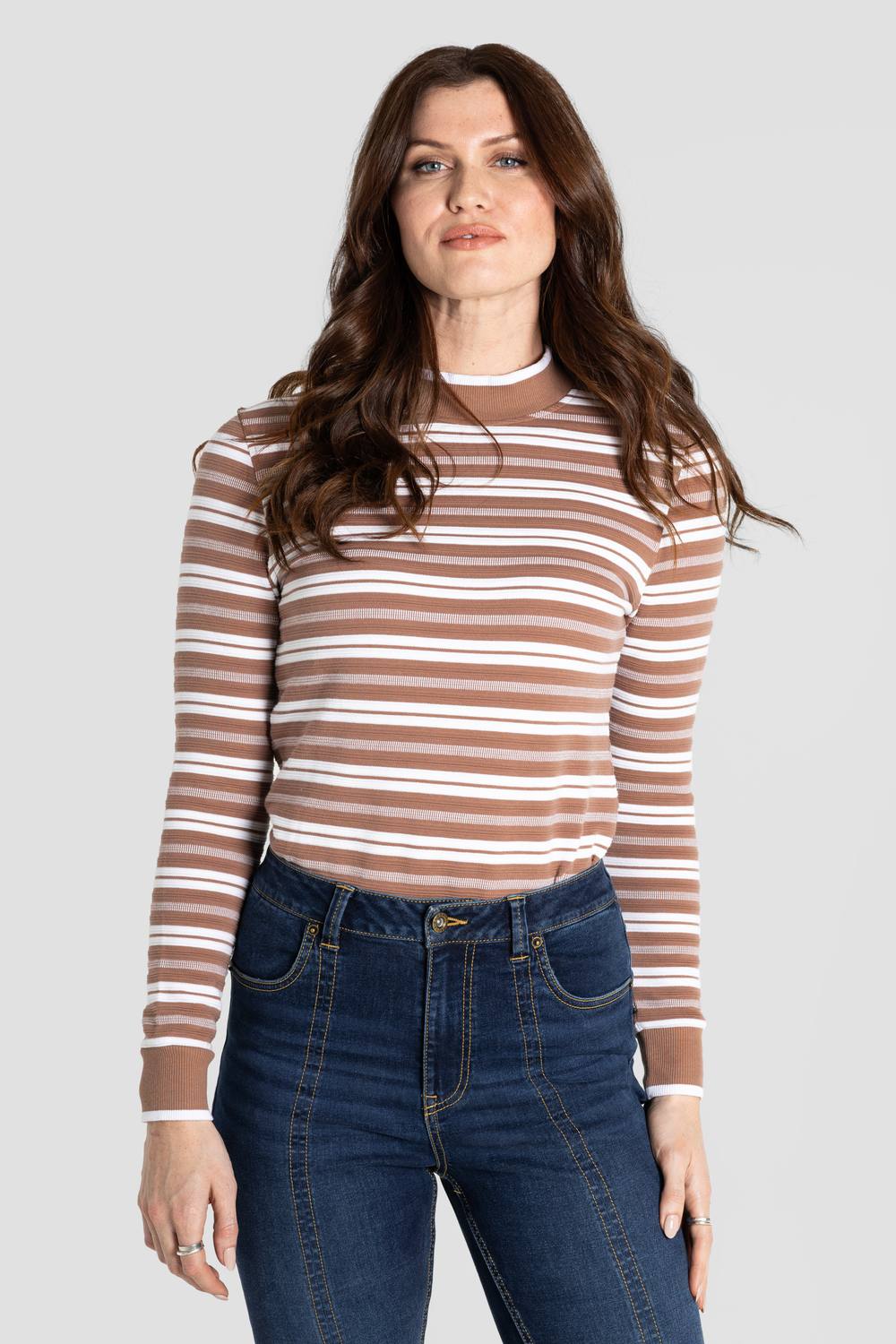 Enorsia Striped Ribbed Long Sleeve High Neck Jersey Top In Brown Enorsia Striped Ribbed Long Sleeve High Neck Jersey Top In Brown