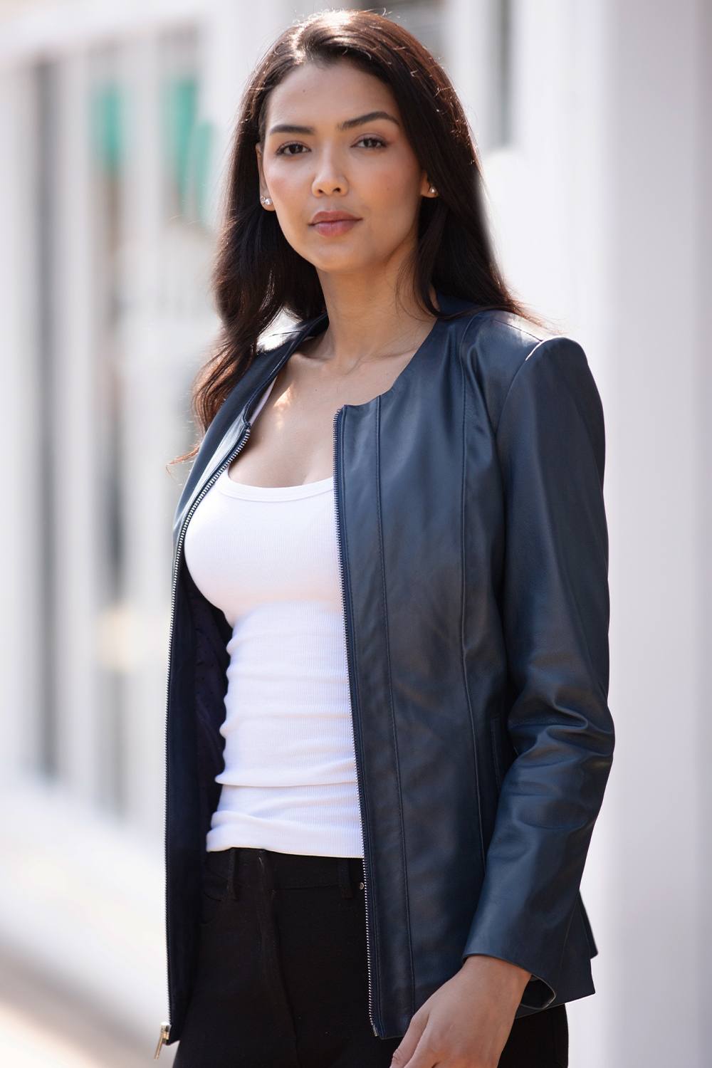 Ashwood Leather Real Leather Casual Collarless Jacket In Navy